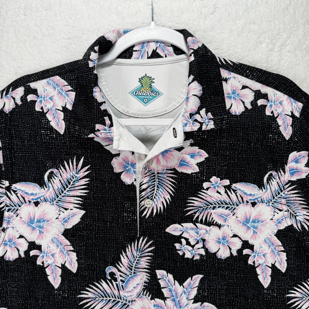 Chubbies Mens Performance Polo Shirt Small Charcoal Floral Flamingo Tropical S - Picture 9 of 11